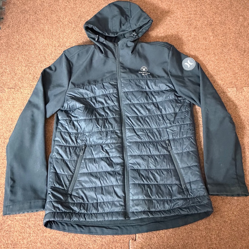 Hurley Mens Hybrid Puffer Jacket Black Softshell Hooded Full Zip Coat Size M